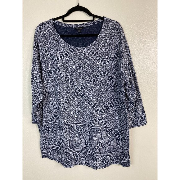 Lucky Brand Women Paisley Floral Boho Tunic Top 3X Cotton Modal Blue Peasant - Picture 11 of 12